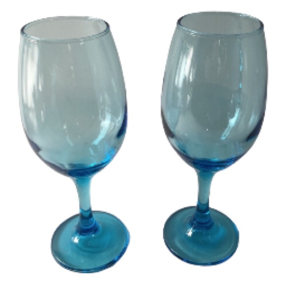 2 Vintage Iridescent Blue Blown Glass Wine Water Goblets Stem Glasses Large 12oz